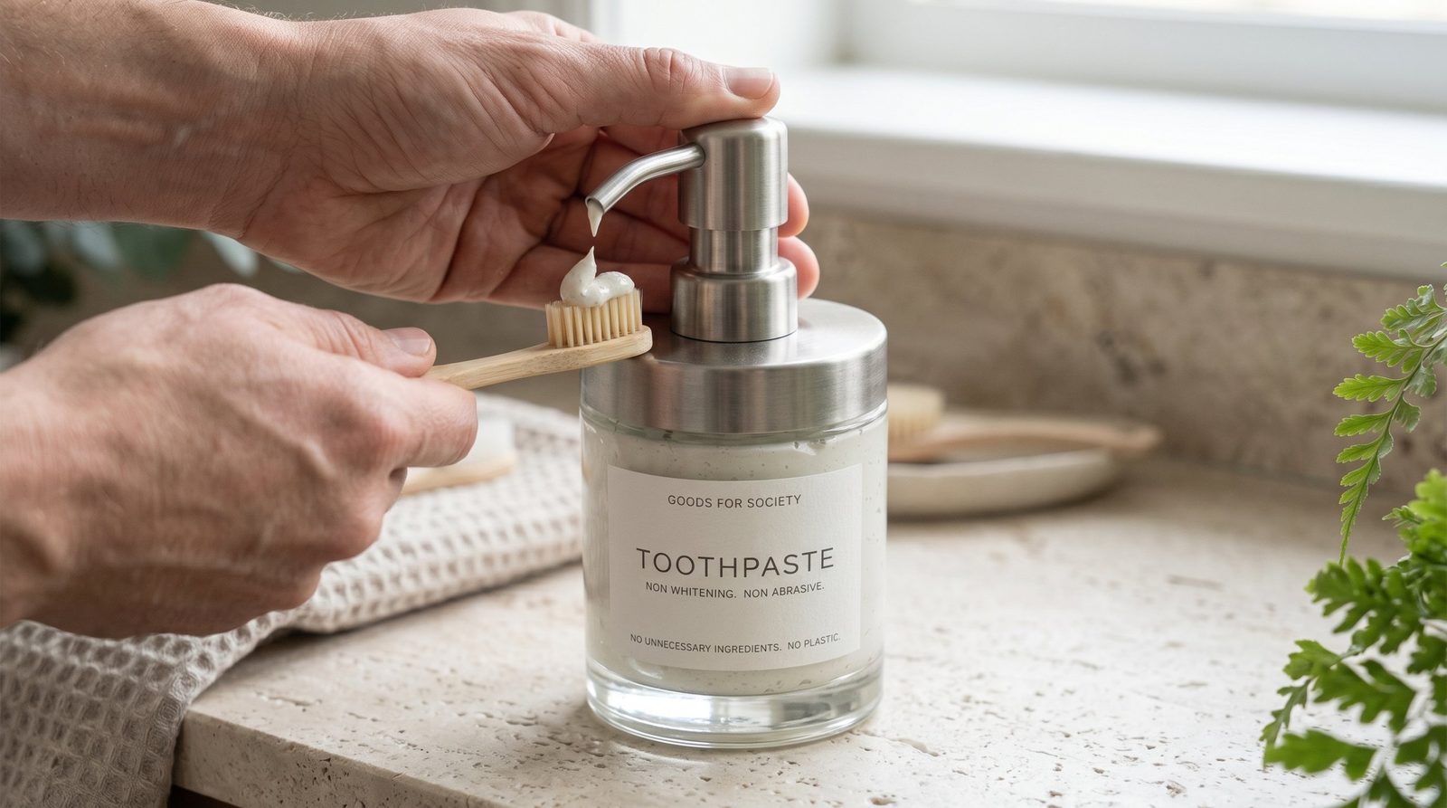 A hand pressing the steel pump to put toothpaste on a toothbrush